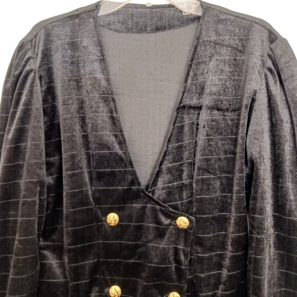 Velvet Jacket BLACK Blazer GOLD BUTTONS Deep V-neck Front Puff Shoulders Pockets - Picture 11 of 16